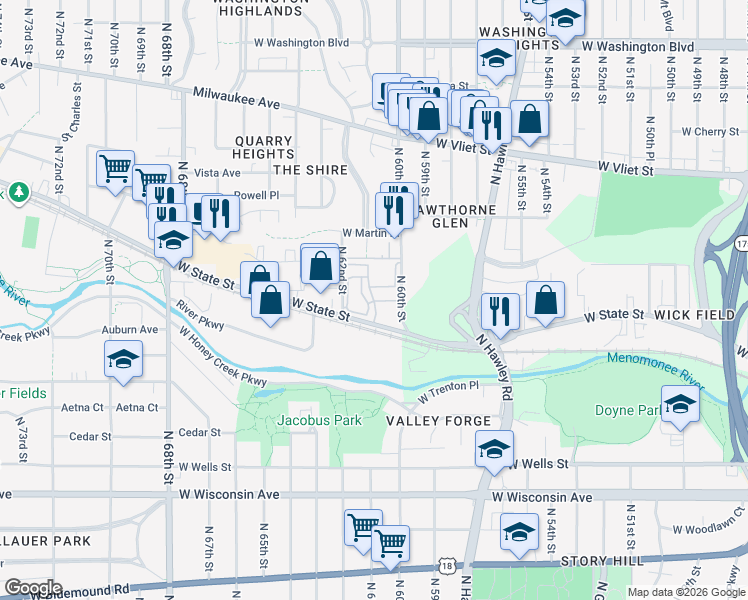 map of restaurants, bars, coffee shops, grocery stores, and more near 700 North 60th Street in Wauwatosa