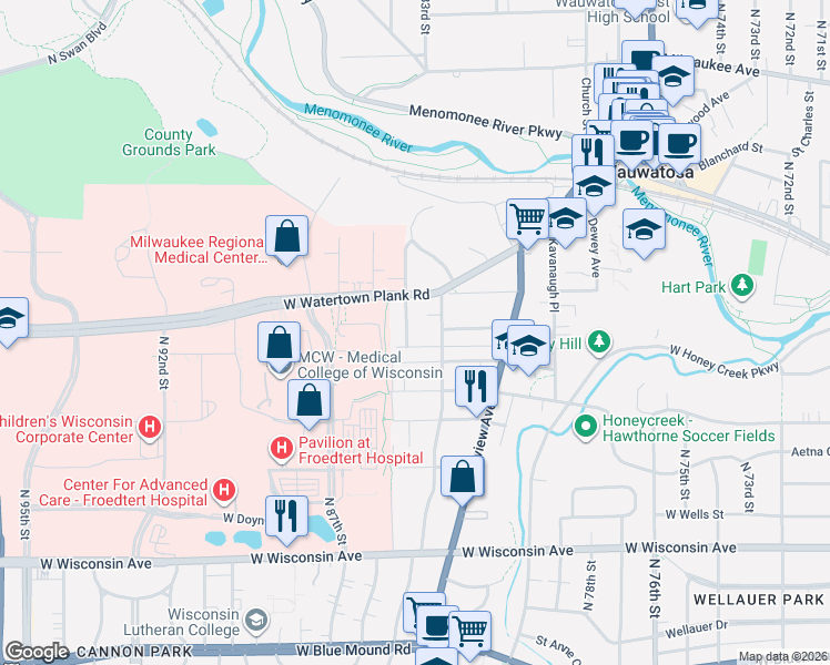 map of restaurants, bars, coffee shops, grocery stores, and more near 1167 Elm Lawn Street in Wauwatosa