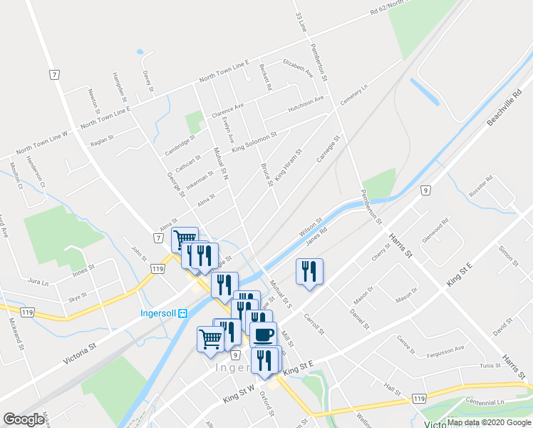 map of restaurants, bars, coffee shops, grocery stores, and more near 111 Carnegie Street in Ingersoll