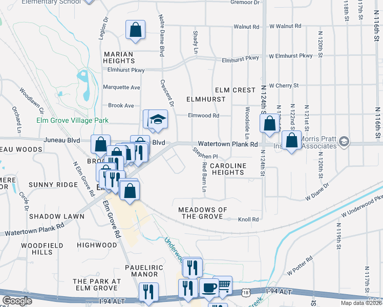 map of restaurants, bars, coffee shops, grocery stores, and more near 12855 Stephen Place in Elm Grove