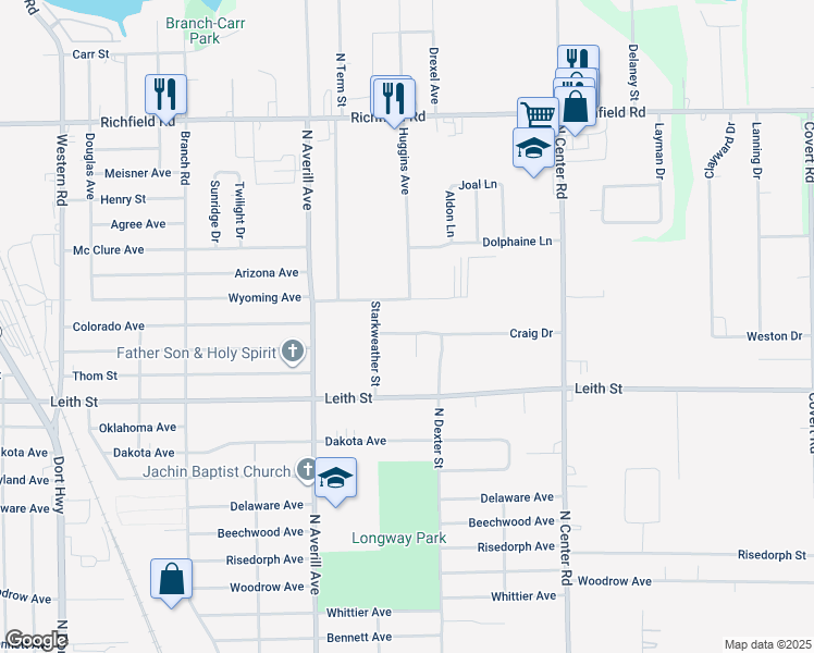 map of restaurants, bars, coffee shops, grocery stores, and more near 3533 Craig Drive in Flint