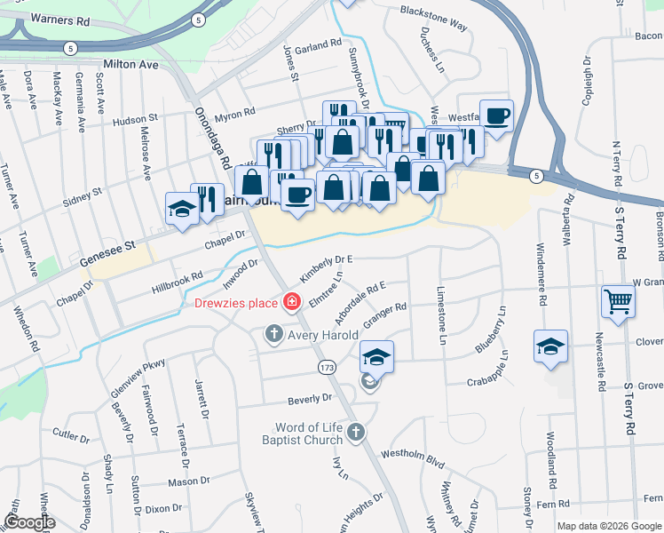 map of restaurants, bars, coffee shops, grocery stores, and more near 119 Kimberly Drive East in Syracuse