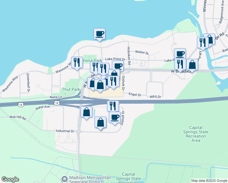 map of restaurants, bars, coffee shops, grocery stores, and more near 2409 West Broadway in Monona