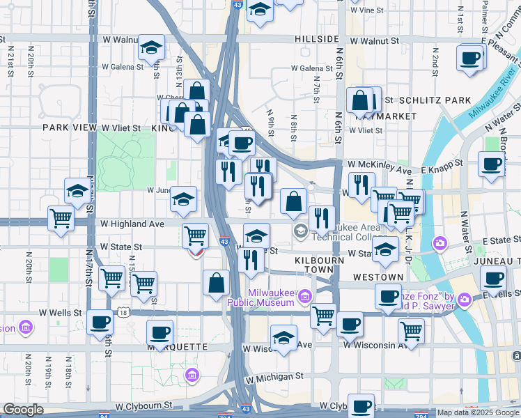 map of restaurants, bars, coffee shops, grocery stores, and more near in Milwaukee