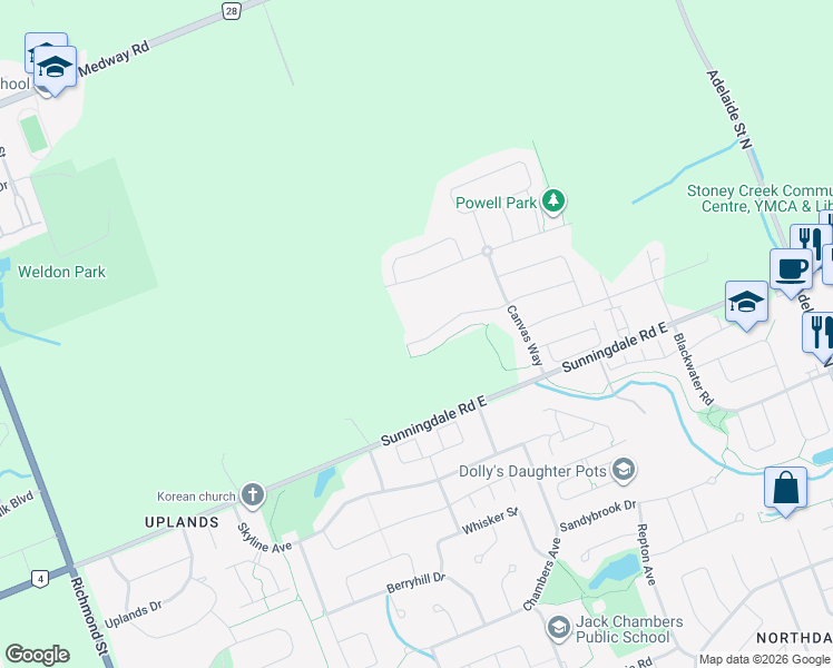 map of restaurants, bars, coffee shops, grocery stores, and more near 558 Eclipse Walk in London