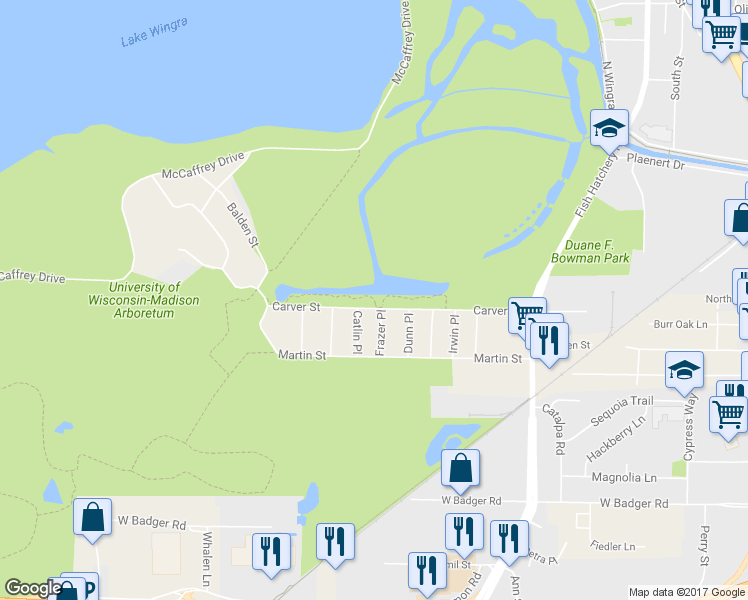 map of restaurants, bars, coffee shops, grocery stores, and more near 1800 Carver Street in Madison
