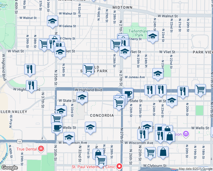 map of restaurants, bars, coffee shops, grocery stores, and more near 2830 West Highland Boulevard in Milwaukee