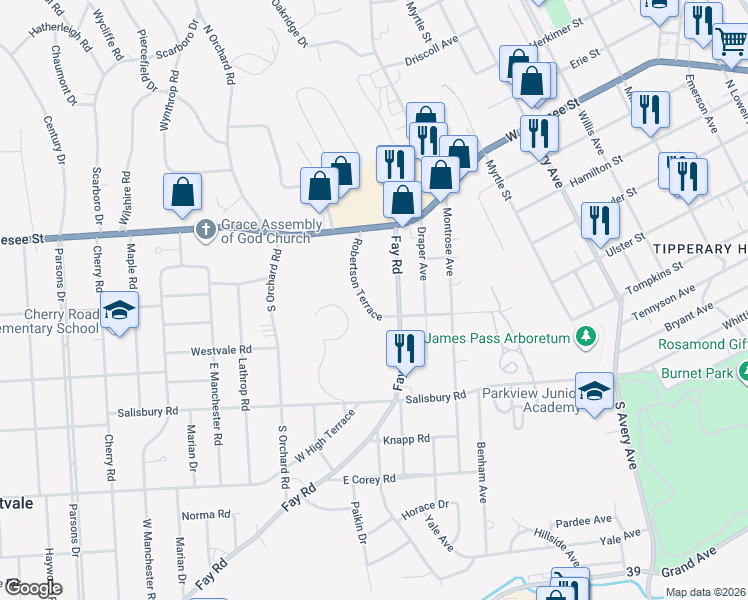 map of restaurants, bars, coffee shops, grocery stores, and more near 113 Robertson Terrace in Syracuse