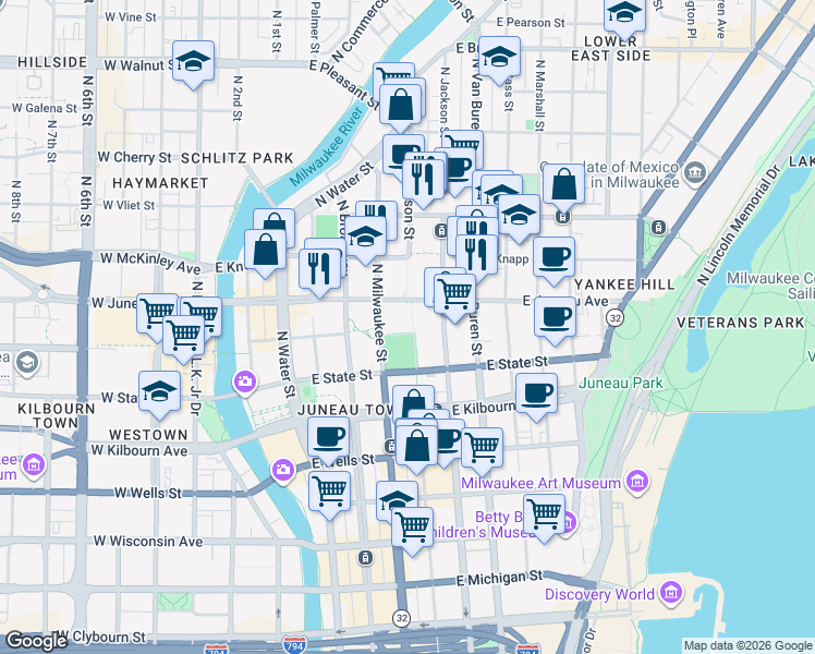 map of restaurants, bars, coffee shops, grocery stores, and more near in Milwaukee