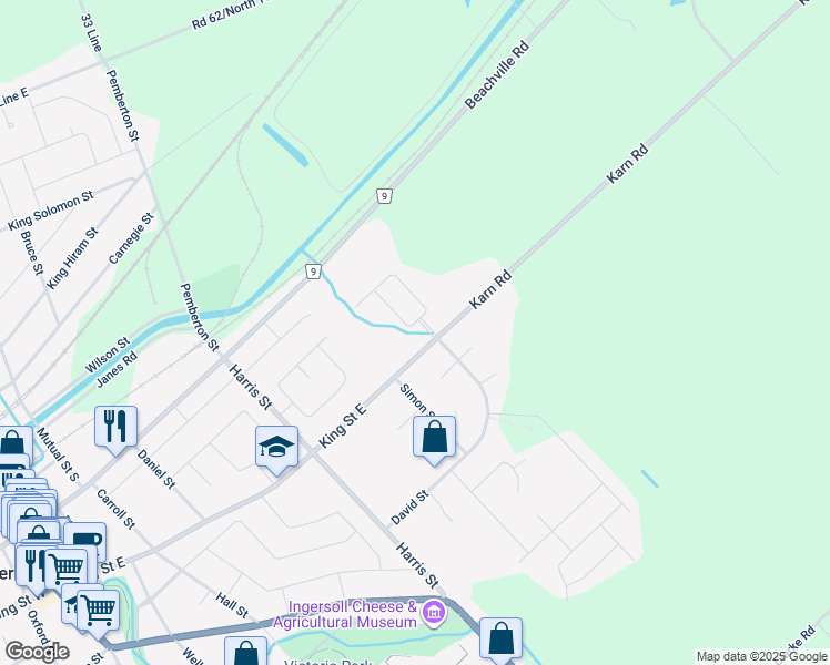 map of restaurants, bars, coffee shops, grocery stores, and more near 7 Rossiter Road in Ingersoll