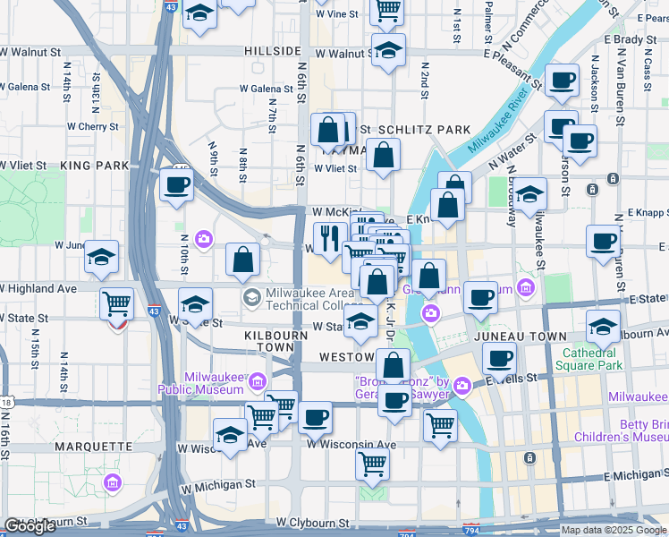map of restaurants, bars, coffee shops, grocery stores, and more near 1111 Vel R. Phillips Avenue in Milwaukee
