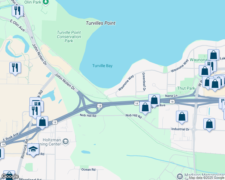 map of restaurants, bars, coffee shops, grocery stores, and more near 3036 Waunona Way in Madison