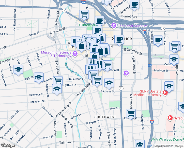 map of restaurants, bars, coffee shops, grocery stores, and more near in Syracuse