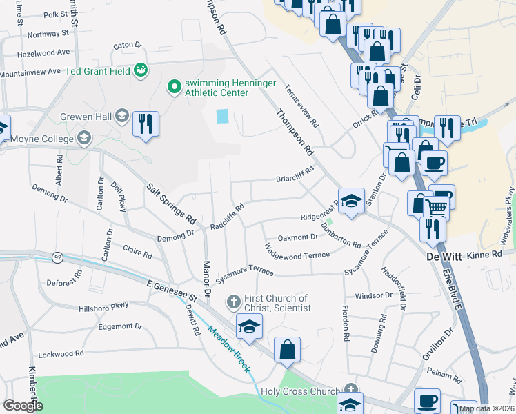 map of restaurants, bars, coffee shops, grocery stores, and more near 305 Radcliffe Road in Syracuse