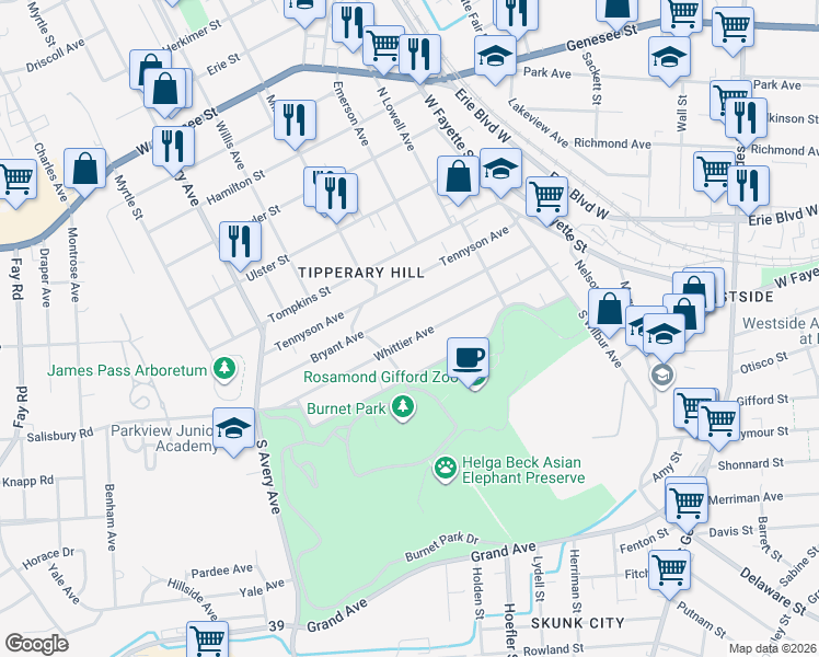 map of restaurants, bars, coffee shops, grocery stores, and more near 315 Bryant Avenue in Syracuse