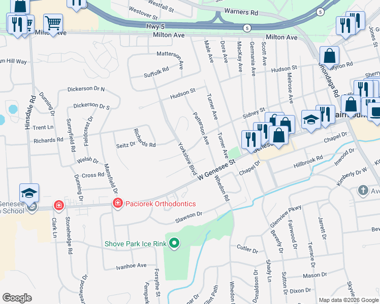 map of restaurants, bars, coffee shops, grocery stores, and more near 304 Yorkshire Boulevard in Syracuse