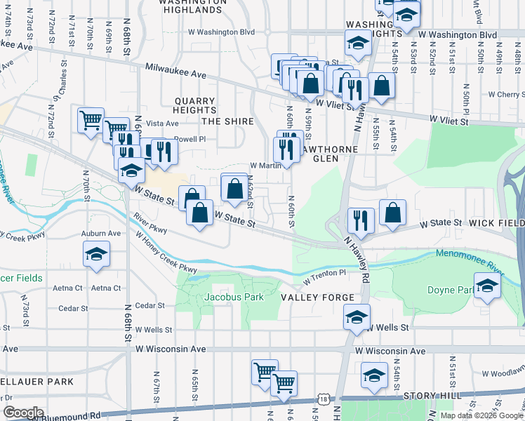 map of restaurants, bars, coffee shops, grocery stores, and more near 6100 West State Street in Wauwatosa