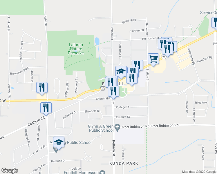 map of restaurants, bars, coffee shops, grocery stores, and more near 8 Highway 20 West in Pelham
