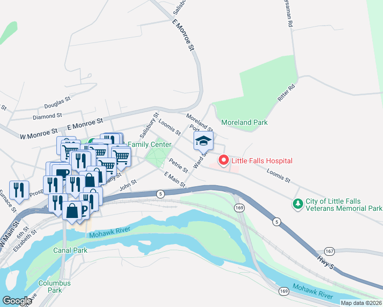 map of restaurants, bars, coffee shops, grocery stores, and more near 75 Loomis Street in Little Falls