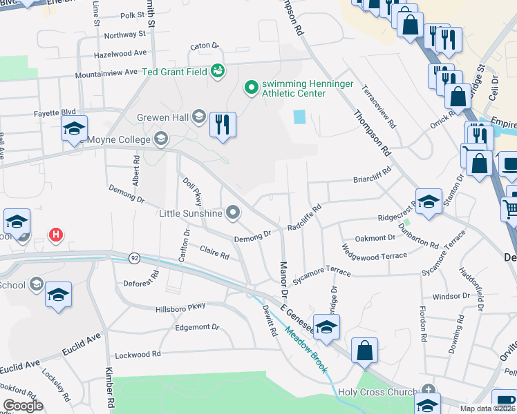 map of restaurants, bars, coffee shops, grocery stores, and more near 101 Sherbrooke Road in Syracuse