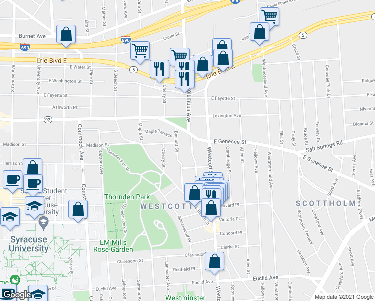 map of restaurants, bars, coffee shops, grocery stores, and more near 117 Bassett Street in Syracuse