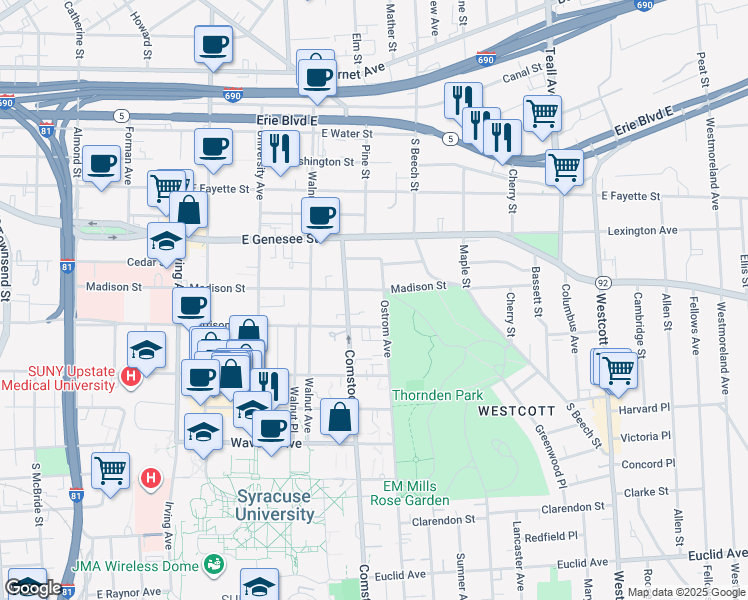 map of restaurants, bars, coffee shops, grocery stores, and more near 1107 Madison Street in Syracuse