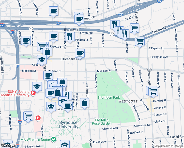 map of restaurants, bars, coffee shops, grocery stores, and more near 1107 Madison Street in Syracuse