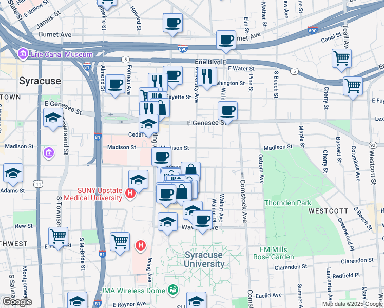 map of restaurants, bars, coffee shops, grocery stores, and more near 901 Madison Street in Syracuse