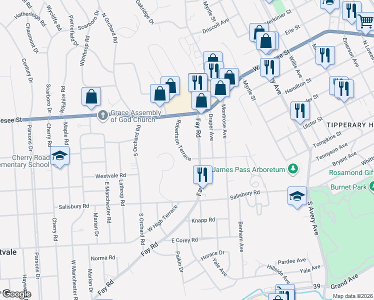 map of restaurants, bars, coffee shops, grocery stores, and more near 113 Robertson Terrace in Syracuse