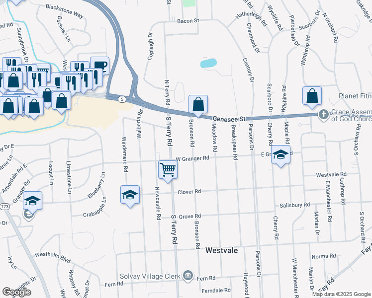 map of restaurants, bars, coffee shops, grocery stores, and more near 116 Bronson Road in Syracuse