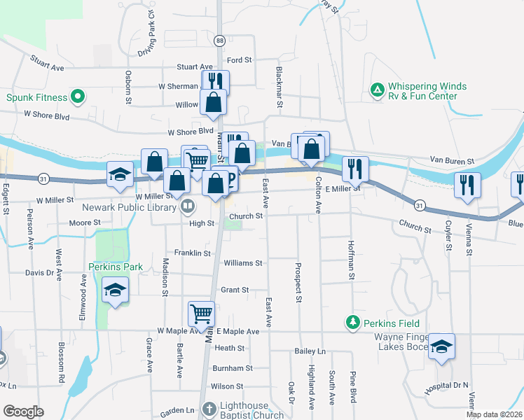 map of restaurants, bars, coffee shops, grocery stores, and more near 131 East Miller Street in Newark
