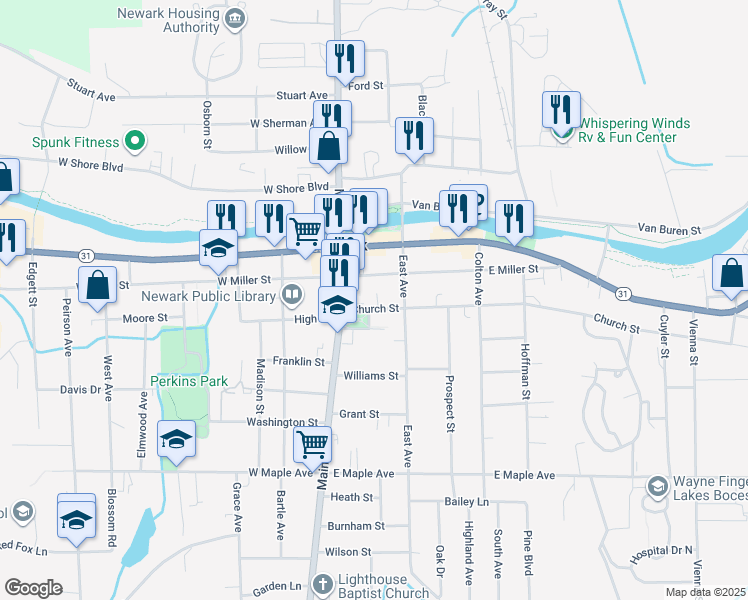 map of restaurants, bars, coffee shops, grocery stores, and more near 117 East Miller Street in Newark