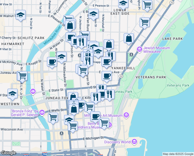 map of restaurants, bars, coffee shops, grocery stores, and more near 1129 North Marshall Street in Milwaukee