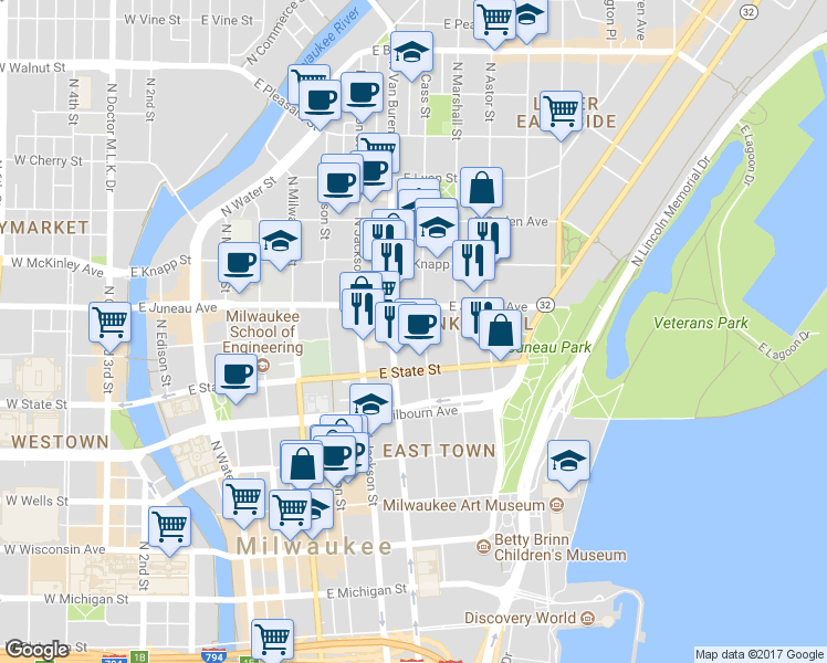 map of restaurants, bars, coffee shops, grocery stores, and more near 723 East Juneau Avenue in Milwaukee