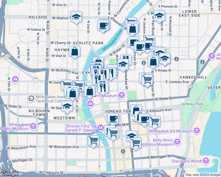 map of restaurants, bars, coffee shops, grocery stores, and more near 270 East Highland Avenue in Milwaukee