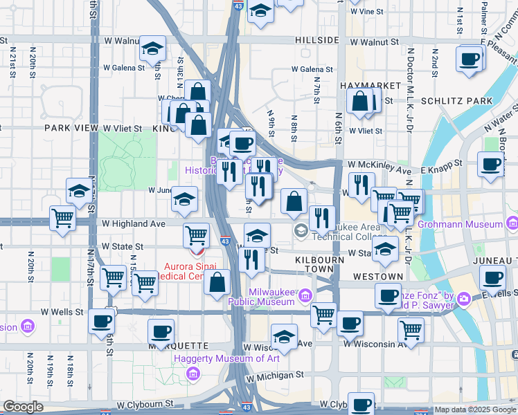 map of restaurants, bars, coffee shops, grocery stores, and more near 1125 North 9th Street in Milwaukee