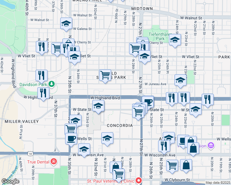 map of restaurants, bars, coffee shops, grocery stores, and more near 1143 North 29th Street in Milwaukee