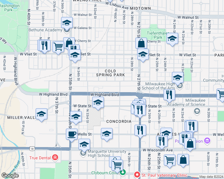 map of restaurants, bars, coffee shops, grocery stores, and more near 1143 North 29th Street in Milwaukee