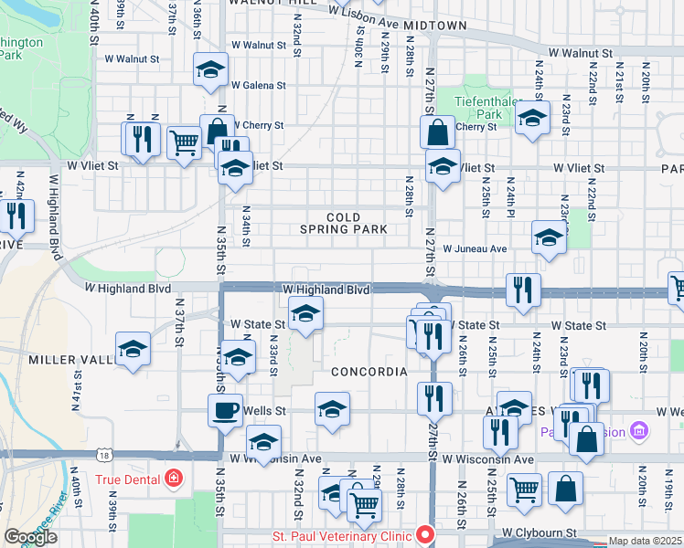 map of restaurants, bars, coffee shops, grocery stores, and more near in Milwaukee