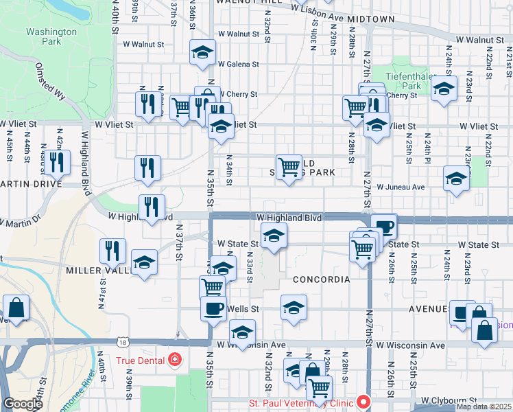 map of restaurants, bars, coffee shops, grocery stores, and more near 1141 North 33rd Street in Milwaukee
