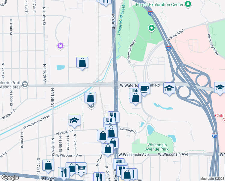 map of restaurants, bars, coffee shops, grocery stores, and more near North Mayfair Road in Wauwatosa