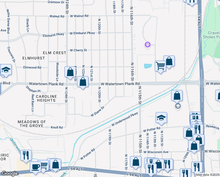 map of restaurants, bars, coffee shops, grocery stores, and more near 11829 West Watertown Plank Road in Wauwatosa