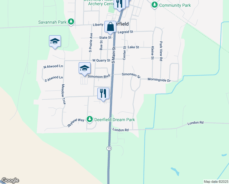 map of restaurants, bars, coffee shops, grocery stores, and more near 510 South Main Street in Deerfield