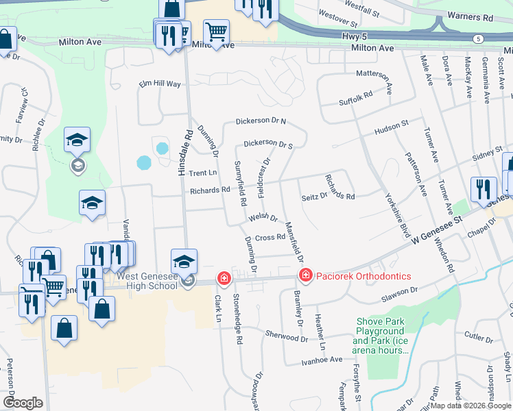 map of restaurants, bars, coffee shops, grocery stores, and more near 108 Sunnyfield Road in Camillus