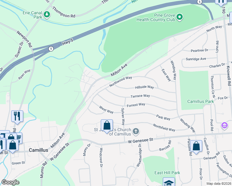 map of restaurants, bars, coffee shops, grocery stores, and more near 104 Hillside Way in Camillus