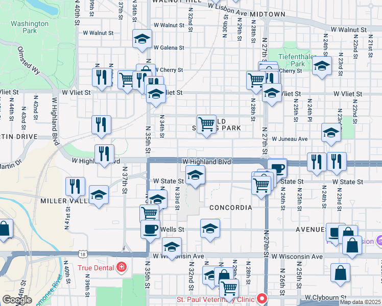 map of restaurants, bars, coffee shops, grocery stores, and more near 3200 West Highland Boulevard in Milwaukee