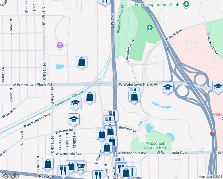 map of restaurants, bars, coffee shops, grocery stores, and more near 1155 North Mayfair Road in Wauwatosa