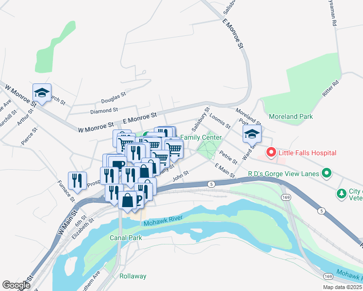 map of restaurants, bars, coffee shops, grocery stores, and more near 576 Garden Street in Little Falls