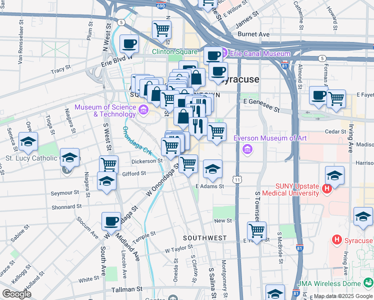 map of restaurants, bars, coffee shops, grocery stores, and more near in Syracuse