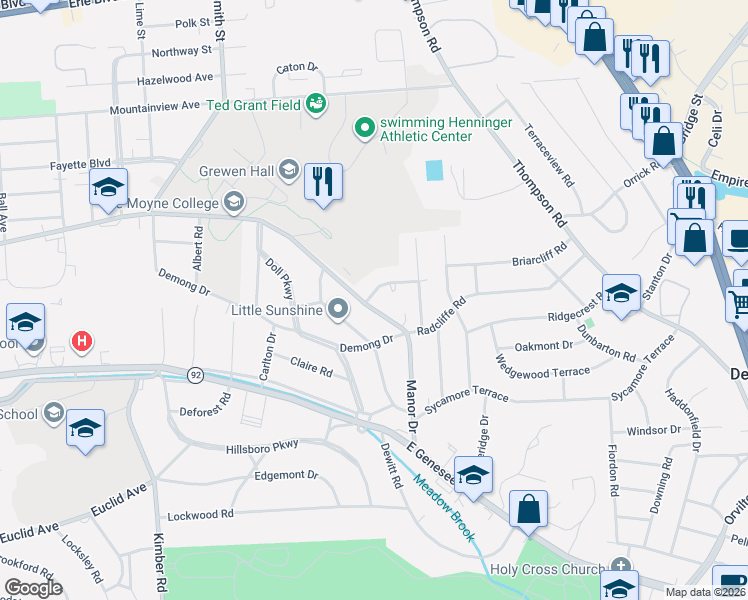 map of restaurants, bars, coffee shops, grocery stores, and more near 101 Sherbrooke Road in Syracuse